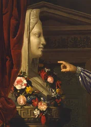 Gammel mann som peker ut Maria Luigias Herm til barnebarnet sitt, av Giuseppe Molteni, cirka 1830, olje på lerret