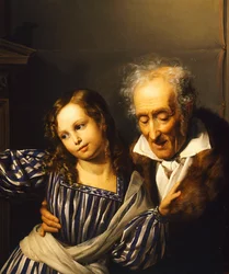 Gammel mann som peker ut Maria Luigias Herm til barnebarnet sitt, av Giuseppe Molteni, cirka 1830, olje på lerret