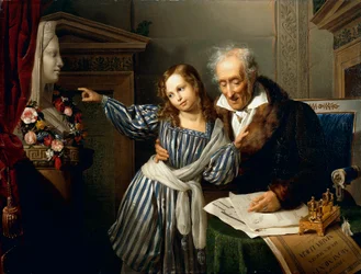 Gammel mann som peker ut Maria Luigias Herm til barnebarnet sitt, av Giuseppe Molteni, cirka 1830, olje på lerret