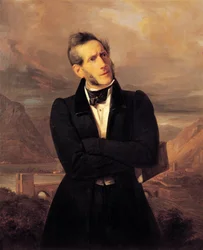 Portrett av Alessandro Manzoni med utsikt over Lecco, maleri av Giuseppe Molteni (1800-1867), landskap malt av Massimo d'Azeglio (1798-1866), olje på lerret