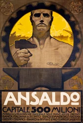 Arbeider med hammer og ambolt, plakat av Ansaldo fra Genova for tegning av nye aksjer