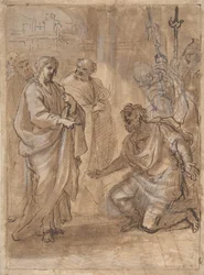Christ and the Centurion recto, figur vinker til avgående skip verso., nd.