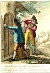 "Det er ingen vits i å stenge stallen når hestene har rømt." Gravering fra 1700-tallet som illustrerer en rekke ordtak. Giuseppe Piattoli (1740/50-1818)
