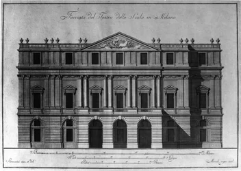 Tegning av den utvendige arkitekturen til fasaden til Teatro alla Scala (Theatre de la Scala) i Milano realisert av Giuseppe Piermarini (1734-1808).