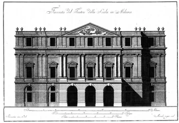 Tegning av den ytre arkitekturen på fasaden til Teatro alla Scala i Milano, utført av Giuseppe Piermarini (1734-1808).