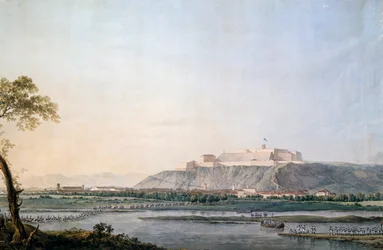 Fransk hær krysser Scrivia, maleri av Giuseppe Pietro Bagetti (1764-1831), Napoleonskrigene, Italia