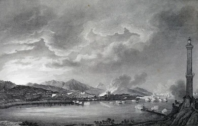Genova blir bombardert av engelsk flåte, 25. mai 1800, stålgravering fra tegning av Giuseppe Pietro Bagetti (1764-1831), Paris