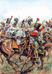 Slaget ved Austerlitz den 12. februar 1805, et slag mellom soldatene fra den store armé og russerne og østerrikerne - Slaget ved Austerlitz, 2. desember 1805, mellom Napoleon Is hær mot russiske og østerrikske hærer - Illustrasjon av Giuseppe Rava