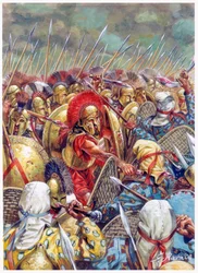 Slaget ved Thermopylene: den spartanske hæren under Leonidas I kjemper sammen med grekerne mot perserne i 480 f.Kr. (Perserkrigene/Slaget ved Thermopylene 480 f.Kr. - Den spartanske kongen Leonidas og hans menn faller i slaget - Illustrasjon av Giusep