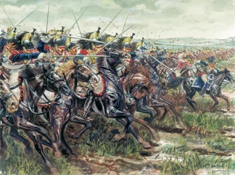 Det første keiserriket (1804–1814): angrepet fra slagskipene til Napoleon Is store armé – Illustrasjon av Giuseppe Rava