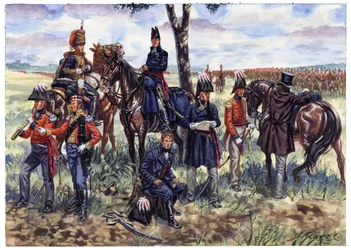 Det første keiserriket: Hertugen av Wellingtons stab i slaget ved Waterloo den 18. juni 1815 - Illustrasjon av Giuseppe Rava