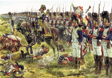 Det første keiserriket: slaget ved Essling (eller slaget ved Aspern) i mai 1809 mellom soldatene fra Napoleon Is store armé, ledet av general Dorsenne, og den østerrikske hæren - Det første keiserriket: slaget ved Aspern-Essling i mai 1809, mellom den keis