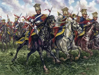 Første imperium: De røde lanserne eller regimentet av hestelegere fra den keiserlige garde under slaget ved Waterloo 18.06.1815 - Første imperium: det andre regimentet av lette kavalerilansere fra den keiserlige garde (røde lansere eller røde lansere) unde