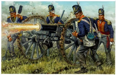 Det første keiserriket: Det kongelige fotartilleriet under slaget ved Waterloo 18. juni 1815 - Illustrasjon av Giuseppe Rava