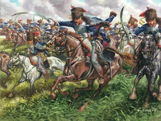 Det første keiserriket: angrepet fra det 15. regimentet av engelske dragoner i slaget ved Waterloo den 18. juni 1815 - Det første keiserriket: angrepet fra det 15. regimentet av britiske dragoner i Waterloo den 18. juni 1815 - Illustrasjon av Giuseppe Rava