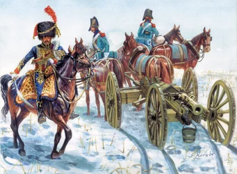 Første imperium (1804-1814): tauing av artilleriet til den store armé i snøen - Første imperium: artilleri tauing i snøen av kavaleriet til den store arméen - Illustrasjon av Giuseppe Rava