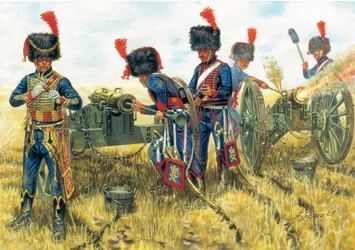Første keiserrike: soldater fra artilleriet til Napoleon Is keiserlige garde i slaget ved Waterloo 18/06/1815 - Første keiserrike: soldater fra hesteartilleriet til Napoleon Is keiserlige garde i Waterloo 18. juni 1815 - Illustrasjon av Giuseppe Rava