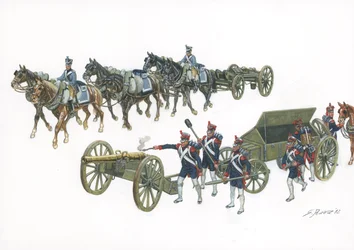 Første imperium: Gribeauval-artillerisystemet av Jean Baptiste de Gribeauval (1715-1789) som reorganiserte artilleriet under Ludvig XV - Første imperium: Gribeauval-systemet introduserte forbedret teknologi til fransk artilleri siden 1765 - Illustrasjon av