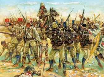 Mahdistkrigen (Sudankrigen) (1881-1899): styrker i slaget ved Omdurman (til høyre de sudanesiske dervisjene og til venstre den anglo-egyptiske hæren) 2/09/1898