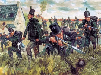 Napoleonskrigen: Britiske geværmenn fra det 95. geværregimentet forsvarer et sandbrudd i slaget ved Waterloo 18.06.1815 - (Napoleonskrigene: Britiske geværmenn forsvarer et sandbrudd under slaget ved Waterloo 18. juni 1815) Illustrasjon av Giusep