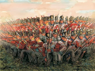 Napoleonskrigene: Engelske soldater under slaget ved Waterloo 18. juni 1815 Illustrasjon av Giuseppe Rava
