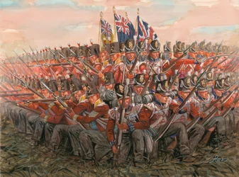 Napoleonskrigene: Engelske soldater under slaget ved Waterloo 18. juni 1815 Illustrasjon av Giuseppe Rava