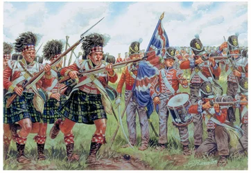 Napoleonskrigene: Skotske og britiske soldater i slaget ved Waterloo 18. juni 1815 Illustrasjon av Giuseppe Rava