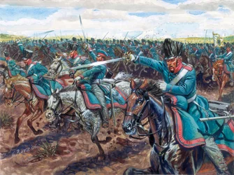 Napoleonskrigene: Preussiske dragoner angriper Illustrasjon av Giuseppe Rava