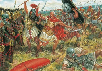 Romersk antikk: Julius Cæsar (100-44 f.Kr.) vinner slaget ved Munda 17. mars 45 f.Kr. i Sør-Spania mot republikkens tilhengere - Illustrasjon
