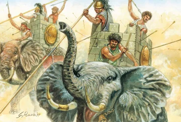 Romersk antikk: Hannibals elefanter - representasjon av elefanter som lot general Hannibal (247–183 f.Kr.) krysse Alpene i 218 f.Kr. under den andre puniske krigen Illustrasjon av Giuseppe Rava