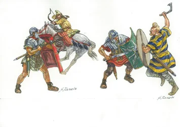 Romerske legionærer som kjemper mot en parthisk ridende bueskytter og en frankisk kriger