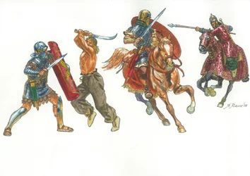 Romersk legionær som kjemper mot en dakisk kriger og romersk rytter mot en sarmatisk katafrakt