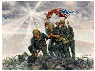 Andre verdenskrig, Stillehavskrigen: Slaget om Iwo Jima, amerikanske marinesoldaters seier i februar 1945 - Andre verdenskrig, Stillehavskrigen: Slaget om Iwo Jima (Operasjon Detachment), de amerikanske marinesoldatene heiser det amerikanske flagget
