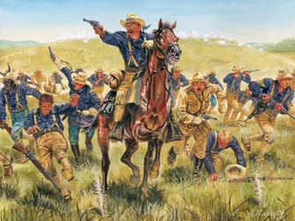 Den spansk-amerikanske krigen eller den kubanske uavhengighetskrigen (1868-1898) mellom Spania og Nord-Amerika: portrett av den amerikanske soldaten og politikeren Theodore Roosevelt (1858-1919) som angriper Rough Riders på Cuba - Den spansk-amerikanske kr