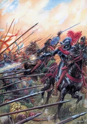 Religionskriger: Slaget ved Ivry den 14.03.1590 så den kongelige hærens seier over Den katolske liga - Slaget ved Ivry ble feiret 14. mars 1590, under de franske religionskrigene - Illustrasjon av Giuseppe Rava