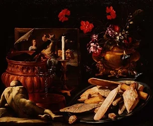 Stilleben med blomster i en forgylt urne, et maleri og kaker på en salver (olje på lerret)