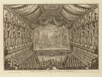 Fremførelsen av La Serenata i det kongelige palasset i Napoli par Vasi, Giuseppe (1710-1782). Kobbergravering, størrelse: 41,5x62