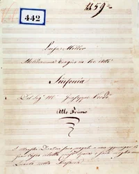 Første side med partitur av symfonien til Luisa Miller, opera av Giuseppe Verdi