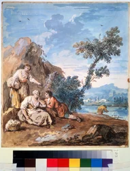 Tre bønder hviler på en elvebredd. Maleri av Giuseppe Zais (1709-1784). Akvarell på papir, 29,5 x 26,2 cm, ca 1750. Venetiansk skole, italiensk maleri 1700-tallet. Pushkin kunstmuseum,
