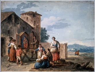 En gruppe bønder foran tabernaklet med den stående Madonna-statuen. Tegning av Giuseppe Zais (1709-1784). Tempera og sepia på papir, 30,2 x 38 cm, ca 1750. Venetian School of