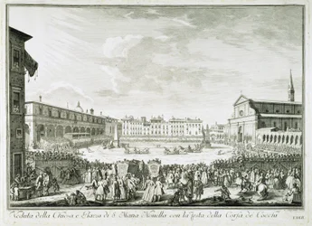 Festen for Corsa dei Cocchi på torget til kirken Santa Maria Novella i Firenze. Tegning av Giuseppe Zocchi (1711-1767). Firenze, Biblioteca Riccardiana.