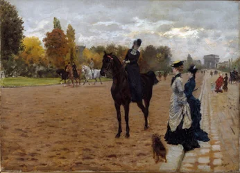 Amazonas Cavaliere snakker med turgåere Avenue Foch i Paris. Maleri av Giuseppe De Nittis (1846-1884), ca. 1875. Olje på lerret. Mål: 42x31 cm. Gener, Galleria d'Arte Moderna