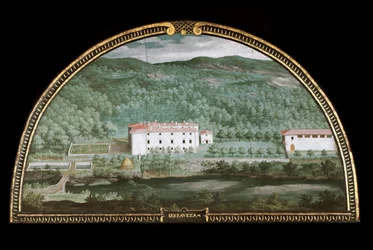 Utsikt over Villa di Seravezza nær Massa Carrara, Italia (Tempera