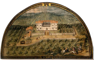 Villa "" La Peggio "" av Giusto Utens (1500-tallet). Menn som spiller ball. Museet i Firenze som det var. Firenze.