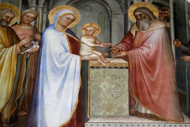 Padua dåpskapell. Takfresker fra 1300-tallet av Giusto de Menabuoi. Jesu presentasjon i tempelet. Padua, Italia. (foto)