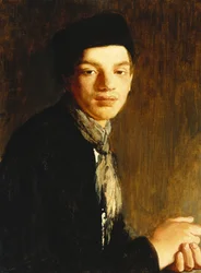 En ung mann, halvfigur, med svart hatt og halstørkle, ca. 1911