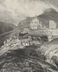 Utvendig apsis av Saint-Nectaire-kirken, 1831.