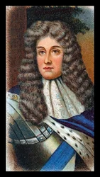 JAKOB II (1633–1701) konge av Storbritannia og Irland 1685–88; flyktet til Frankrike etter at Vilhelm av Oranien (Villhelm III) gikk i land i Torbay. Kromolitografikort etter portrett av Godfrey Kneller