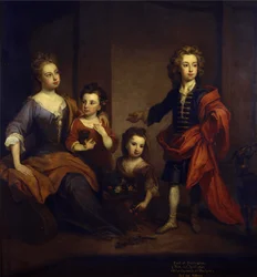Portrett av Richard Boyle, 3. jarl av Burlington, med sine tre søstre, Elizabeth, Juliana og Jane Boyle, ca. 1700 (olje på lerret)