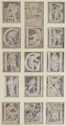A-M, design for tretten bokstaver for alfabetet for South Kensington Museum, 1864 (blyant og grå vask)